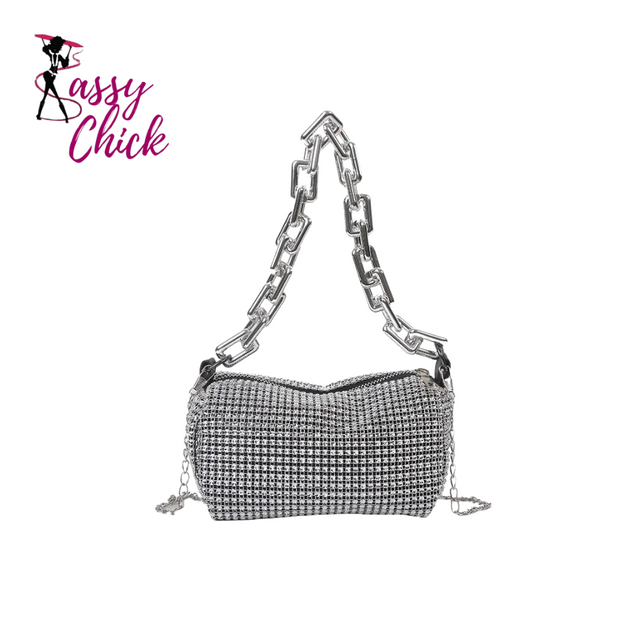 silver glitter bucket bag sassy chick logo