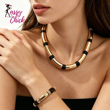 Gold Bamboo Layered Collar Minimalist Statement Jewelry Set Sassy Chick Logo