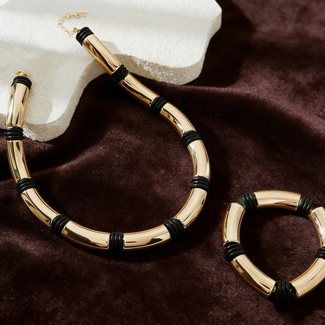 Gold Bamboo Layered Collar Minimalist Statement Jewelry Set 