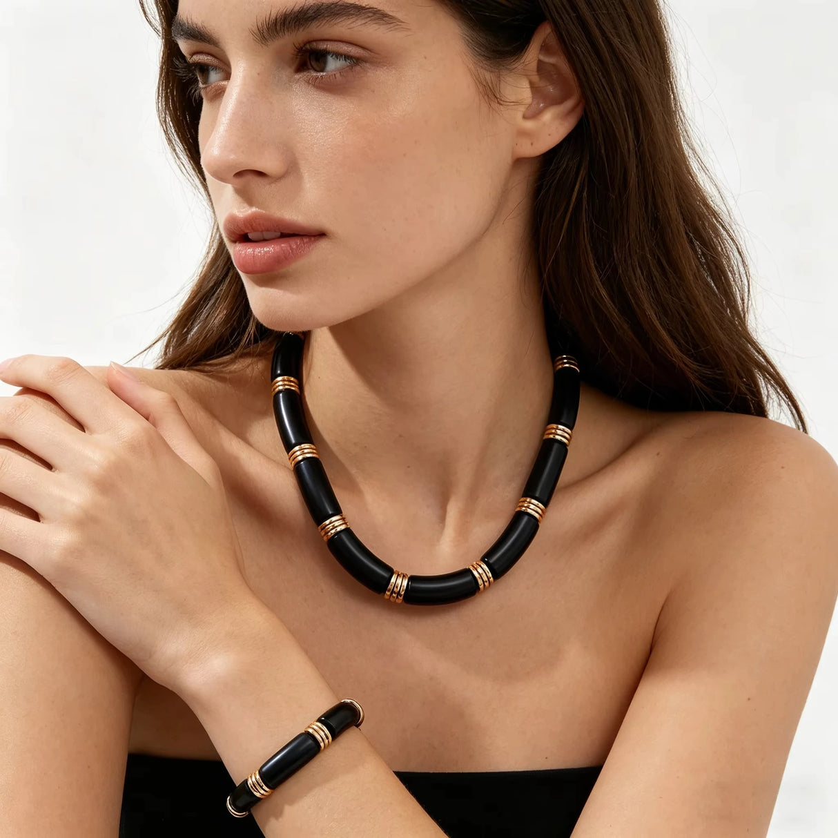 Black Gold Bamboo Layered Collar Minimalist Statement Jewelry Set