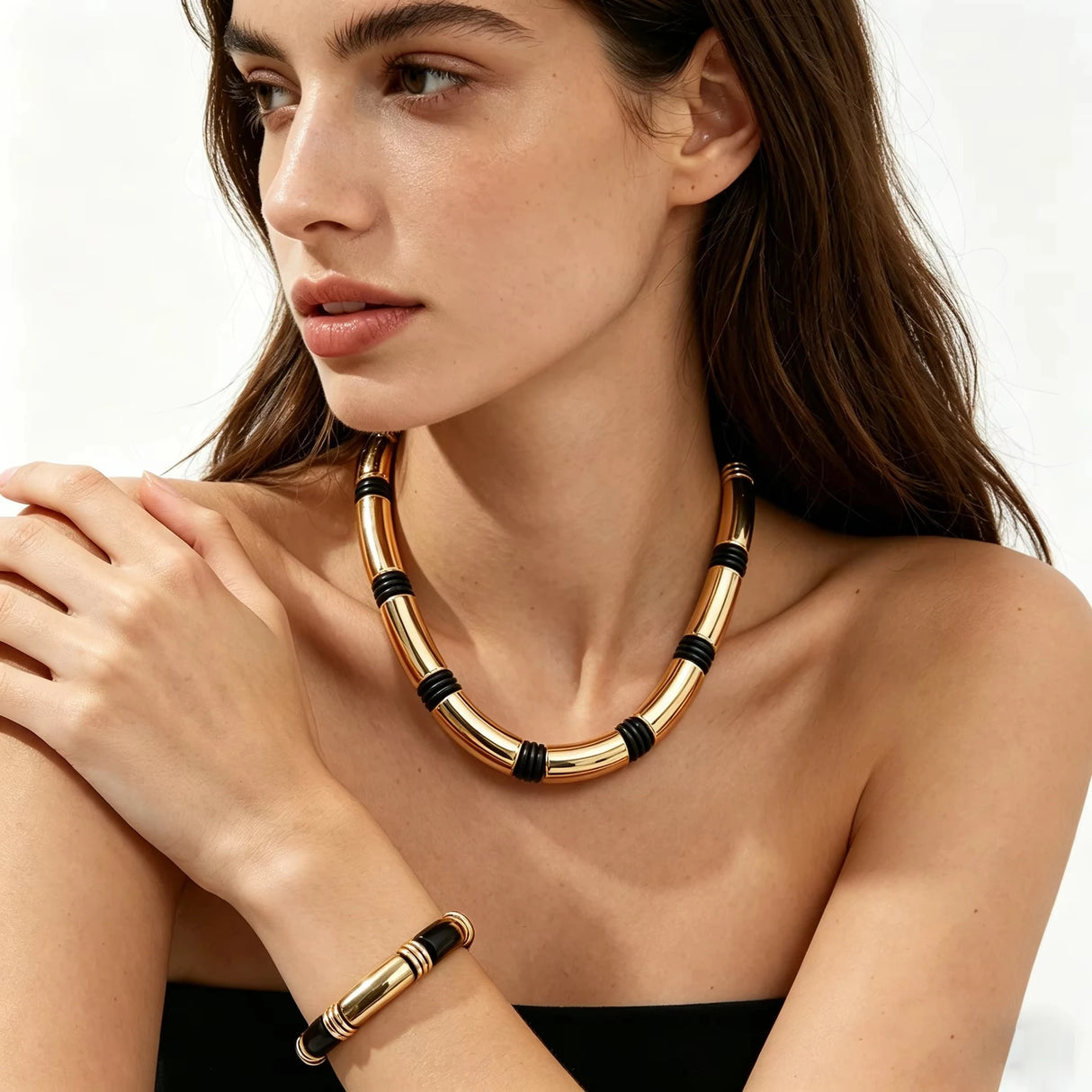Gold Bamboo Layered Collar Minimalist Statement Jewelry Set