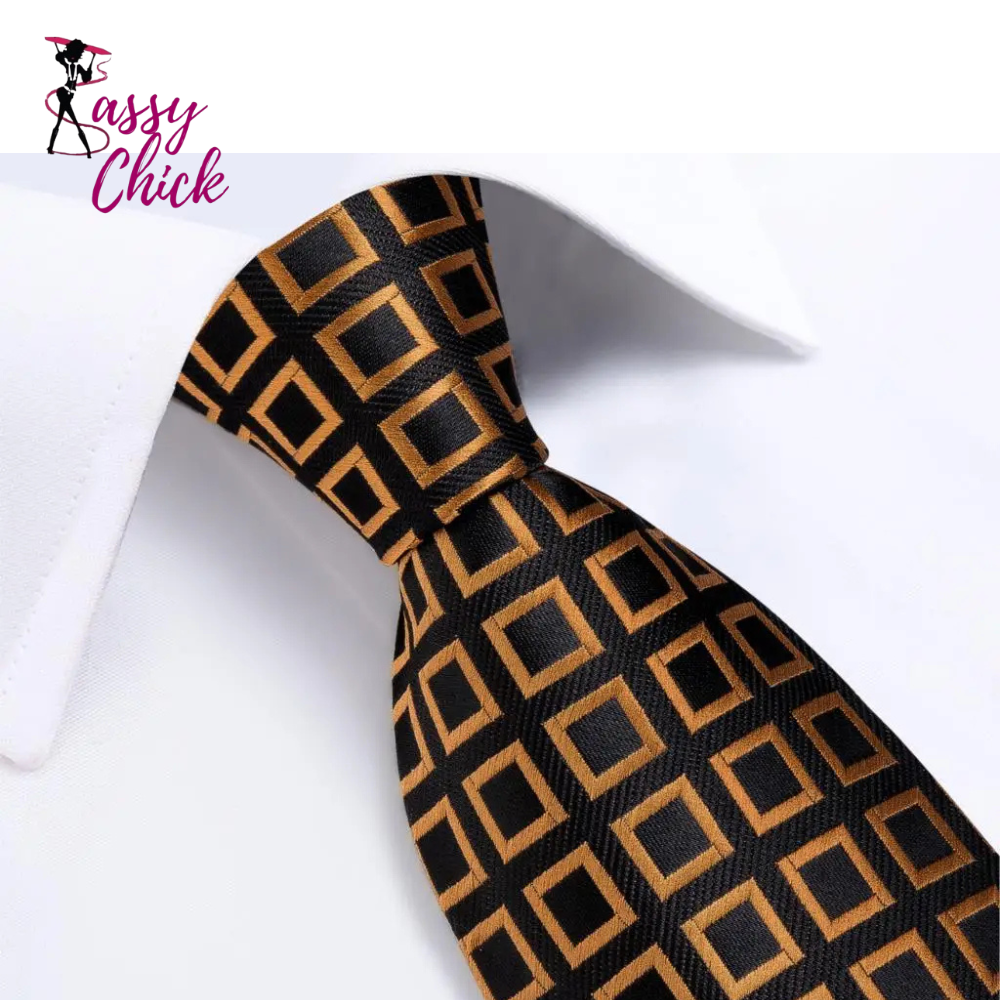 Gold Black Plaid Silk Hanky Cufflink Tie Sassy Chick Logo