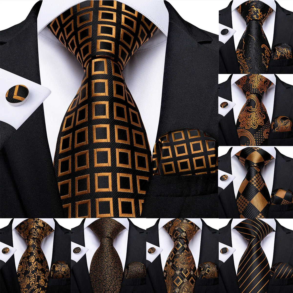 collection of Gold Black Plaid Silk Hanky Cufflink Tie