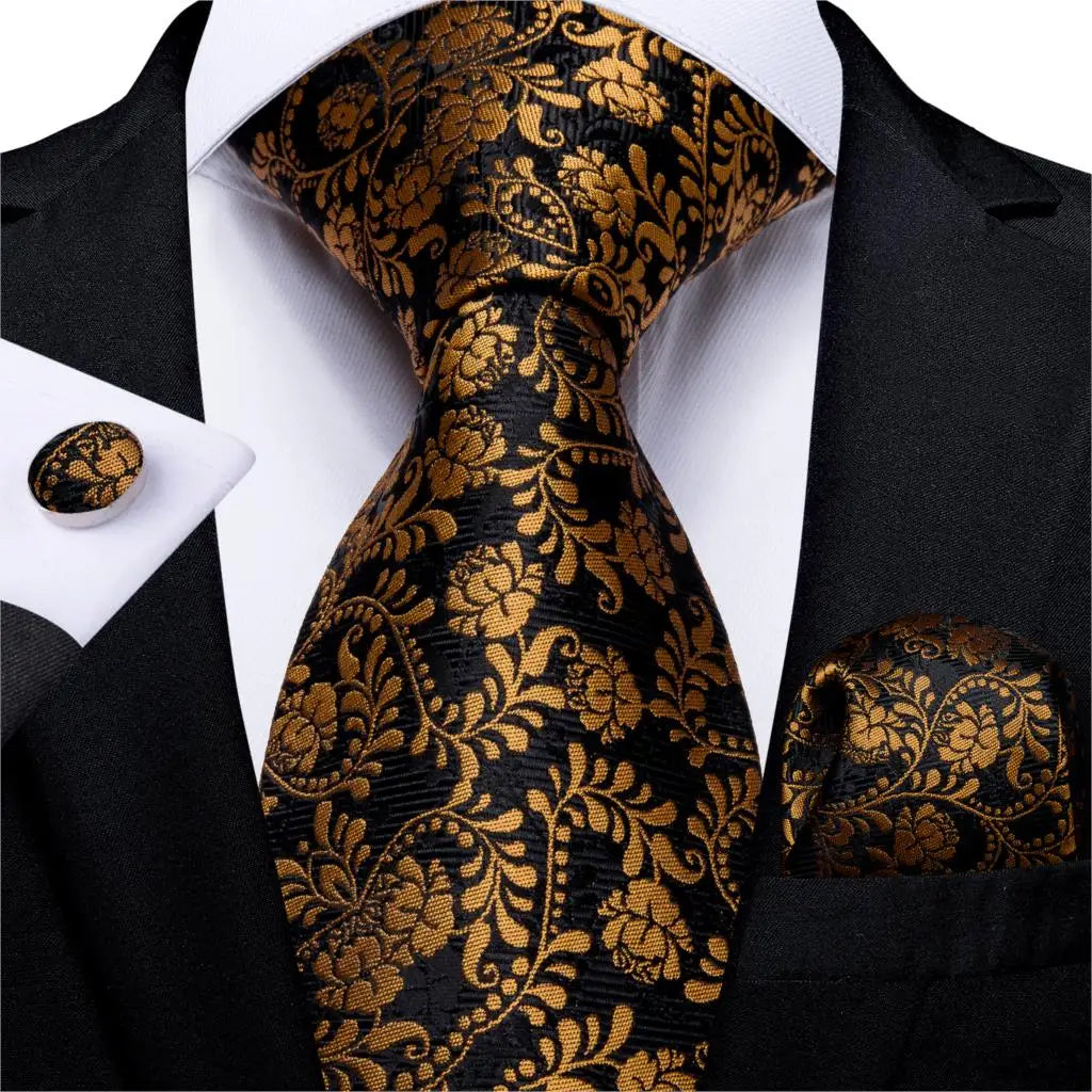 black gold floral pattern tie set