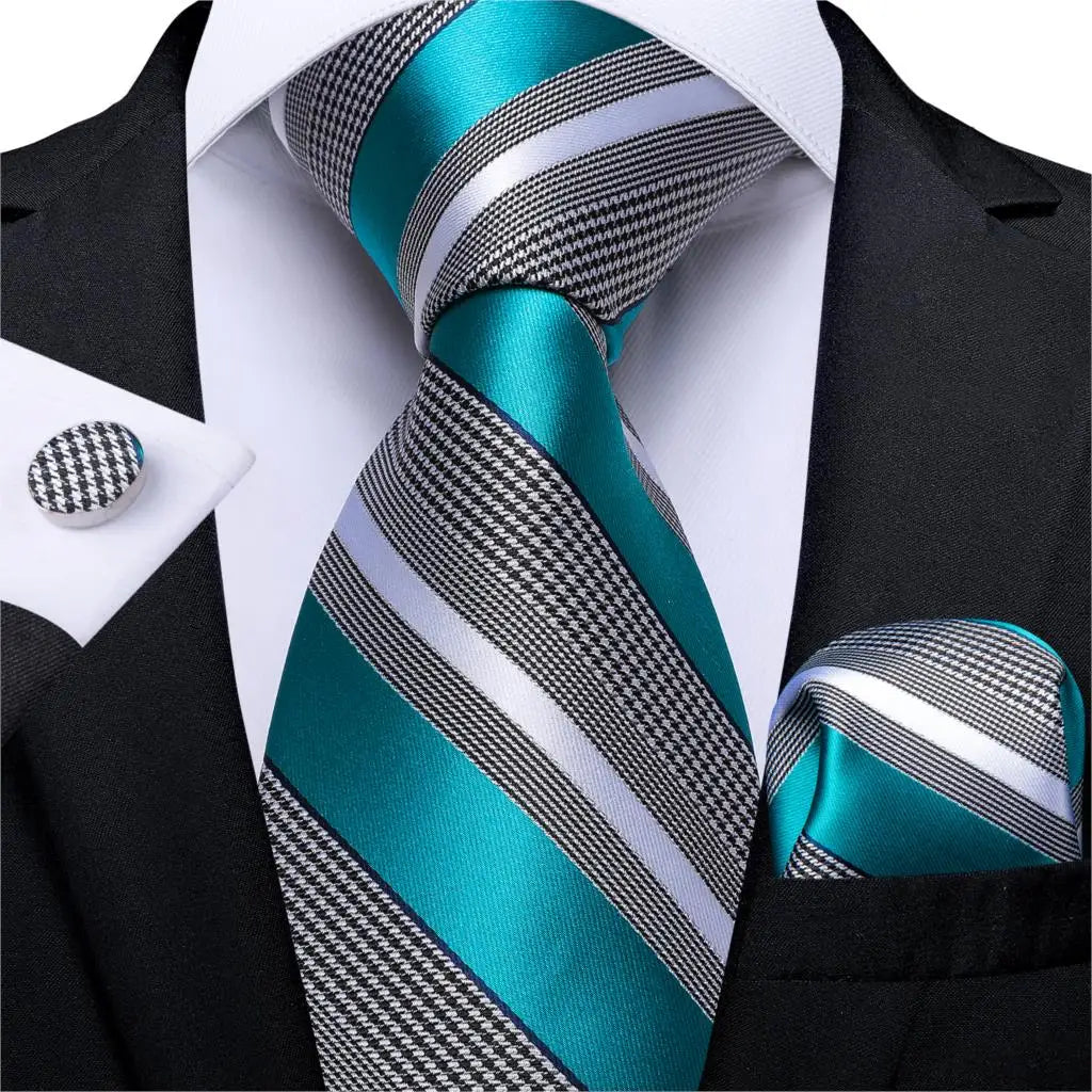 grey white blue line pattern tie set