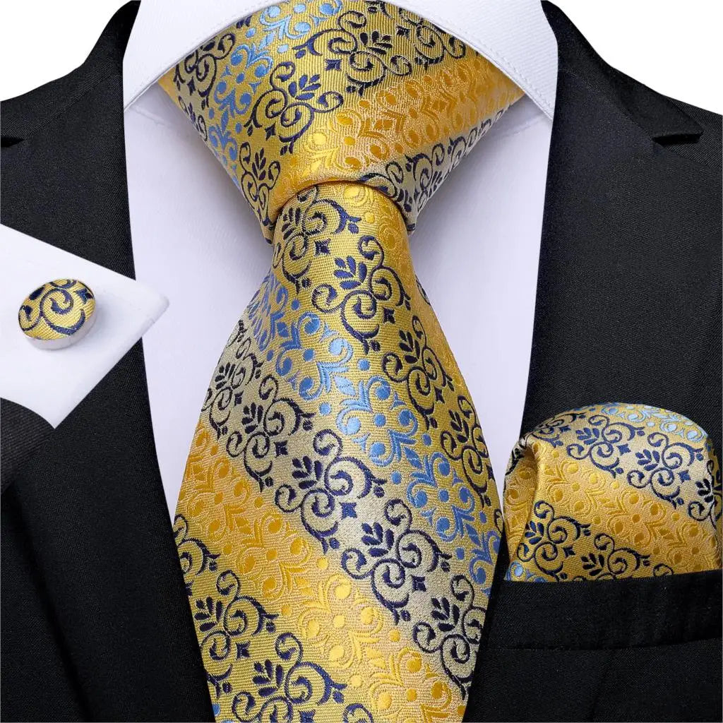 gold blue black floral pattern tie set