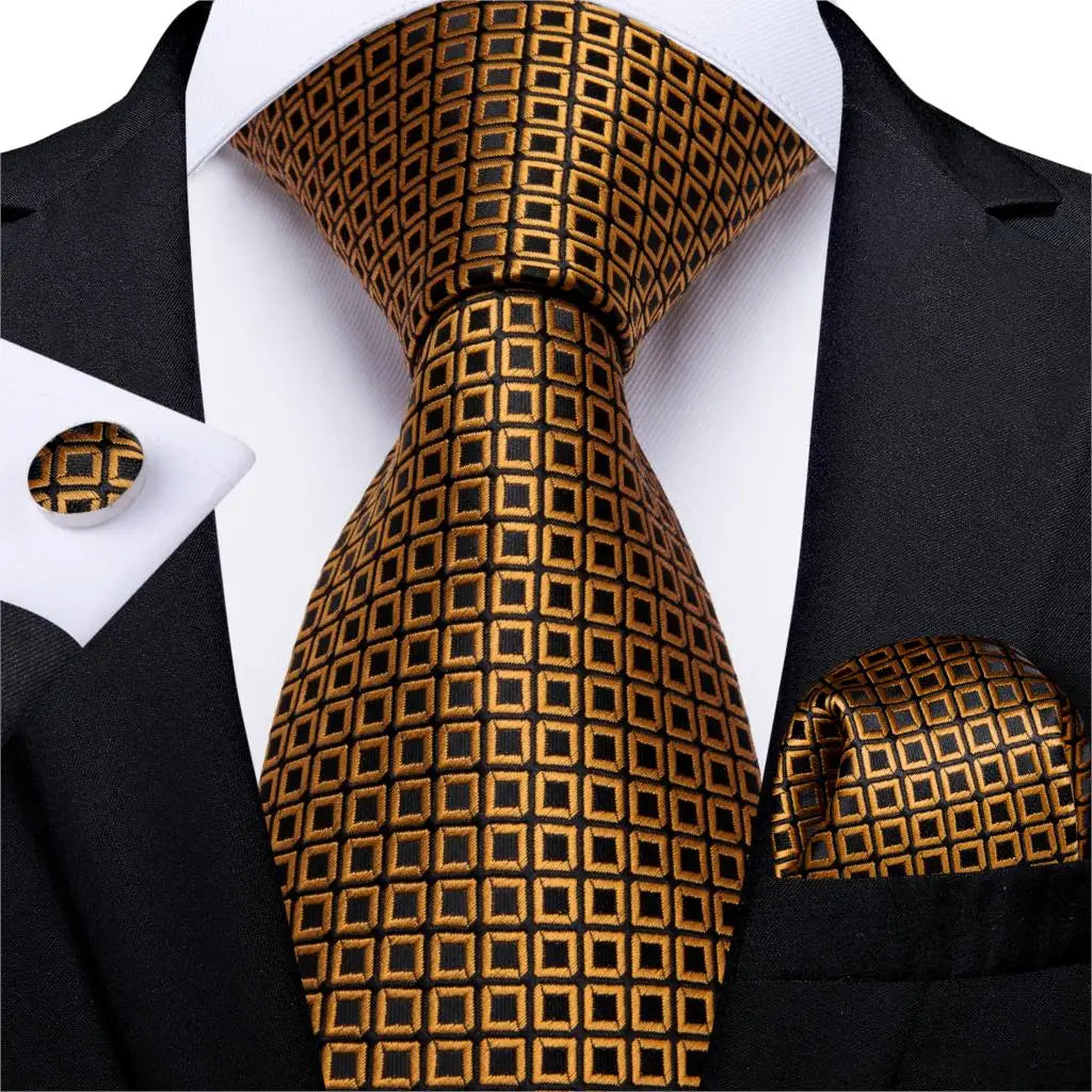 gold black square pattern tie set