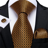 gold black square pattern tie set