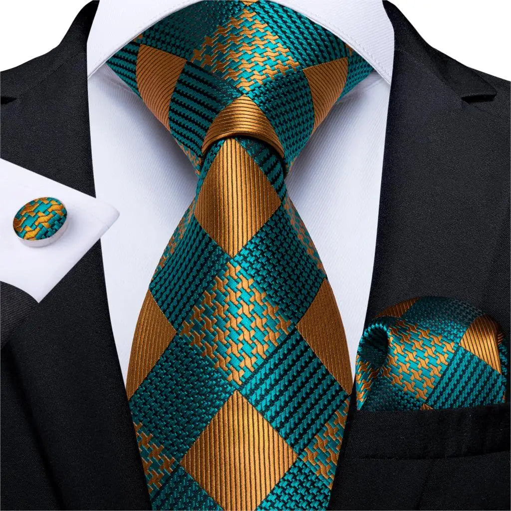 gold green square pattern tie set