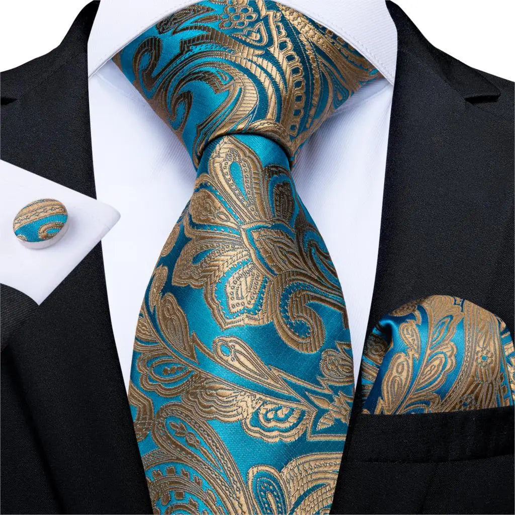 blue gold floral pattern tie set