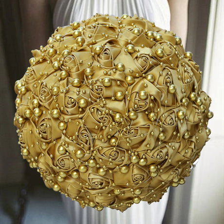 Gold Bridal Satin Rose Artificial Flowers Wedding Bouquet
