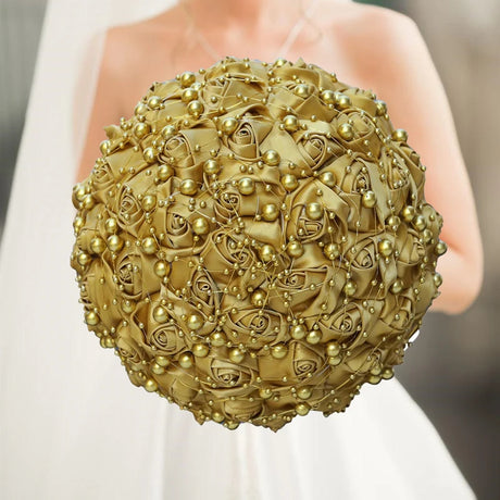 Gold Bridal Satin Rose Artificial Flowers Wedding Bouquet