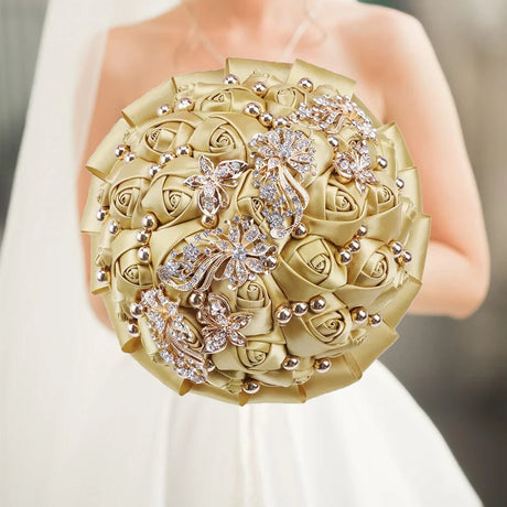 Gold Bridal Satin Rose Artificial Flowers Wedding Bouquet