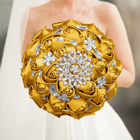 Gold Bridal Satin Rose Artificial Flowers Wedding Bouquet