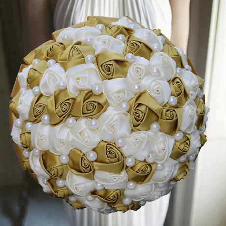 Gold Bridal Satin Rose Artificial Flowers Wedding Bouquet