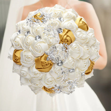 Gold Bridal Satin Rose Artificial Flowers Wedding Bouquet