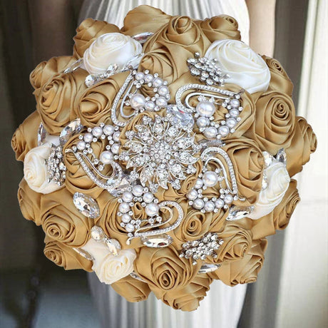Gold Bridal Satin Rose Artificial Flowers Wedding Bouquet
