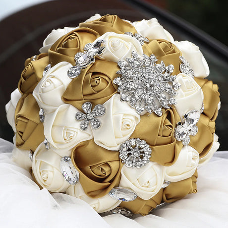 Gold Bridal Satin Rose Artificial Flowers Wedding Bouquet