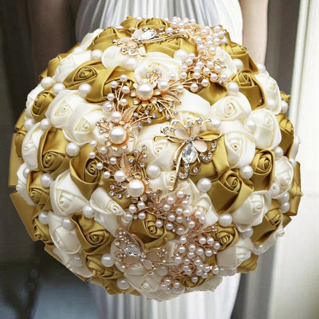 Gold Bridal Satin Rose Artificial Flowers Wedding Bouquet