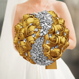 Gold Bridal Satin Rose Artificial Flowers Wedding Bouquet