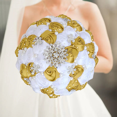 Gold Bridal Satin Rose Artificial Flowers Wedding Bouquet