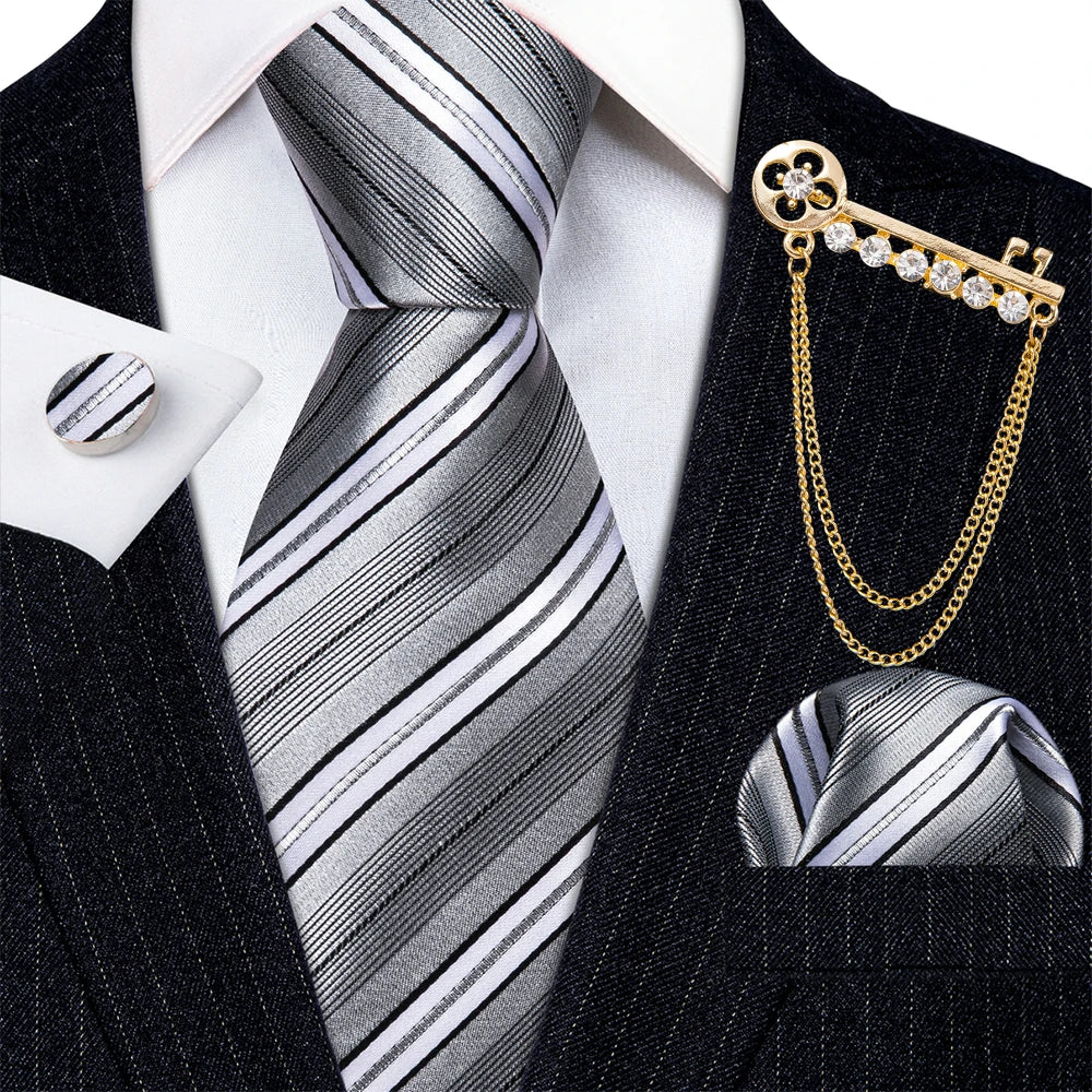 Gold Brooches Silk Handkerchief Striped Men Tie Set