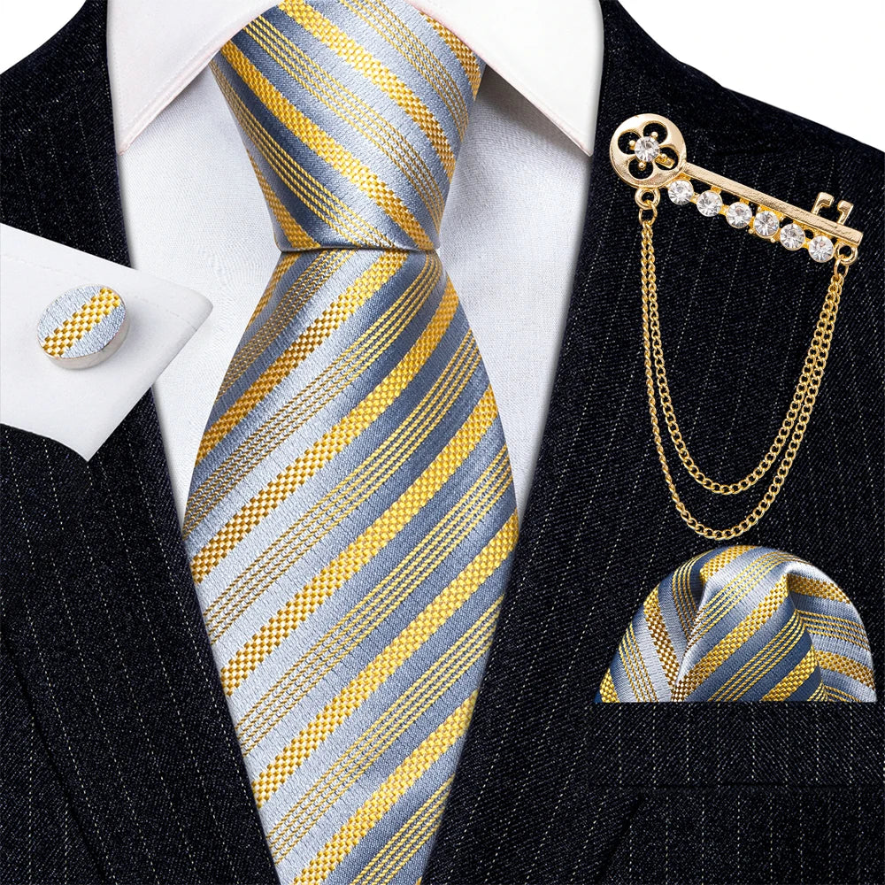 Gold Brooches Silk Handkerchief Striped Men Tie Set