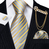 Gold Brooches Silk Handkerchief Striped Men Tie Set