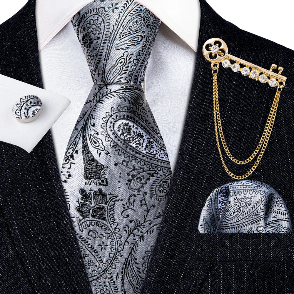 Gold Brooches Silk Handkerchief Striped Men Tie Set