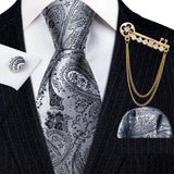 Gold Brooches Silk Handkerchief Striped Men Tie Set