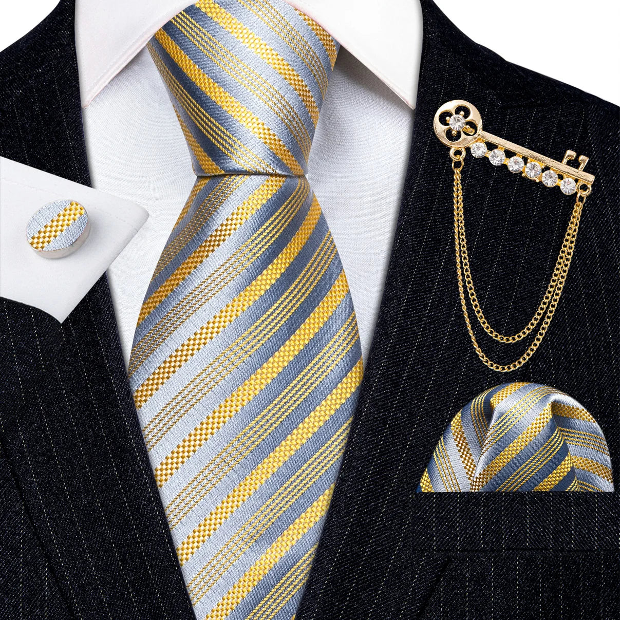 Gold Brooches Silk Handkerchief Striped Men Tie Set