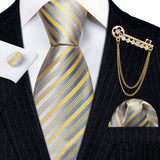 Gold Brooches Silk Handkerchief Striped Men Tie Set