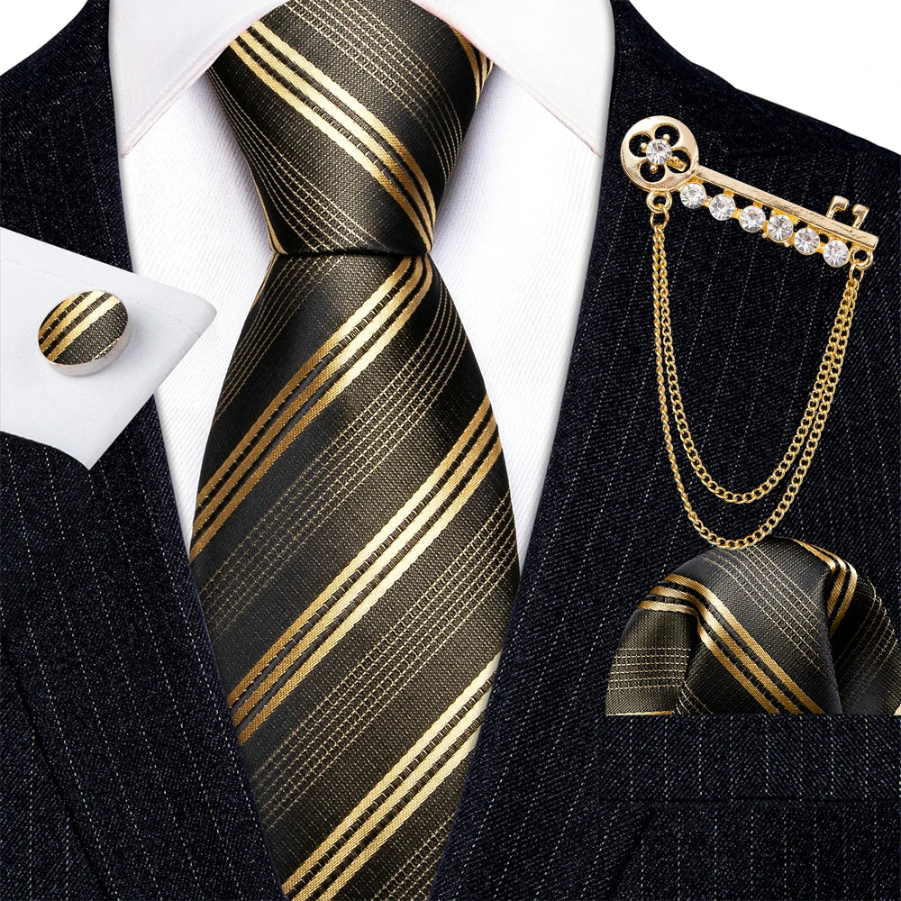 Gold Brooches Silk Handkerchief Striped Men Tie Set