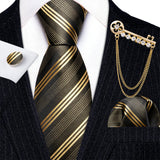 Gold Brooches Silk Handkerchief Striped Men Tie Set