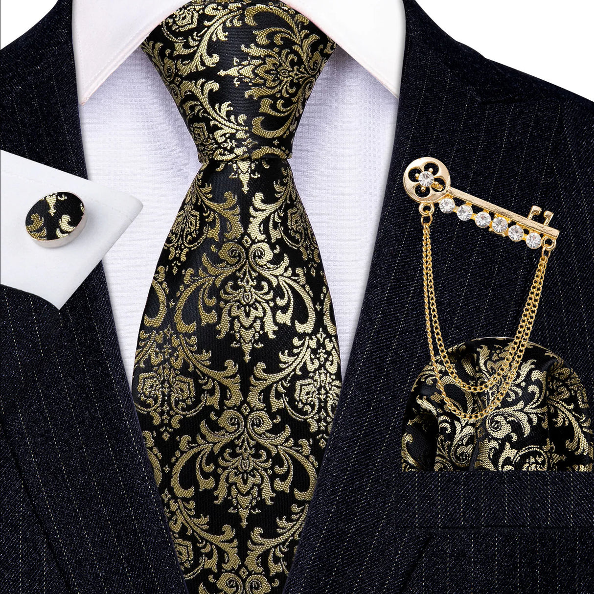 Gold Brooches Silk Handkerchief Striped Men Tie Set
