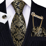 Gold Brooches Silk Handkerchief Striped Men Tie Set