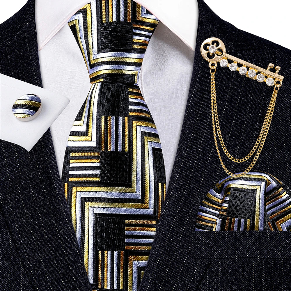 Gold Brooches Silk Handkerchief Striped Men Tie Set