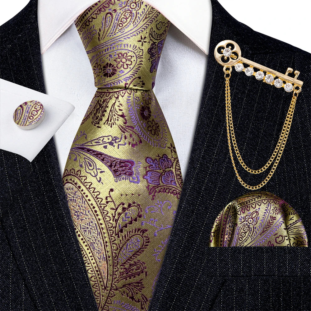 Gold Brooches Silk Handkerchief Striped Men Tie Set
