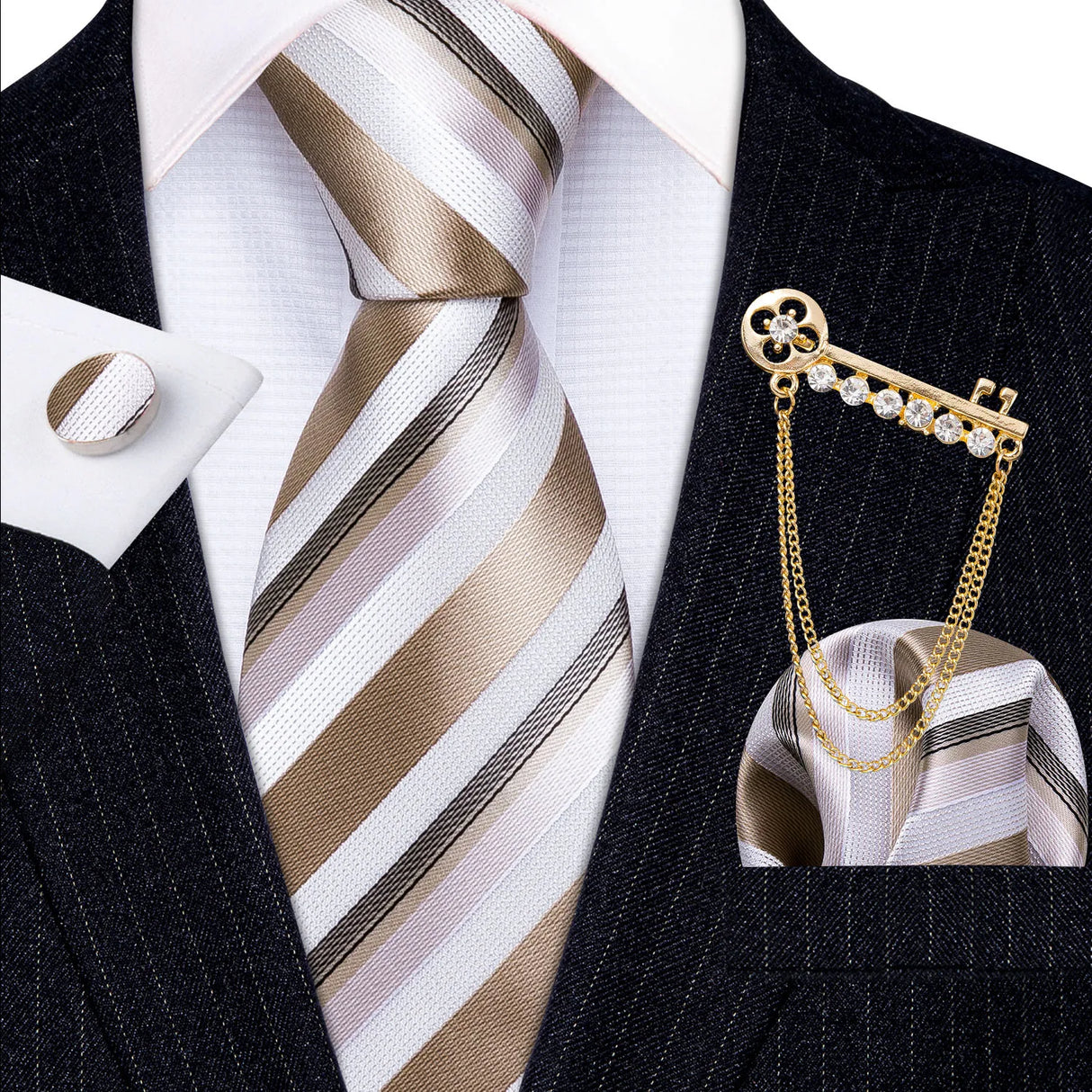 Gold Brooches Silk Handkerchief Striped Men Tie Set