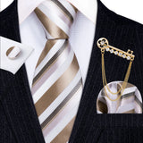 Gold Brooches Silk Handkerchief Striped Men Tie Set