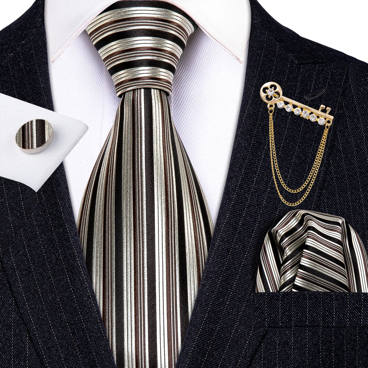 Gold Brooches Silk Handkerchief Striped Men Tie Set