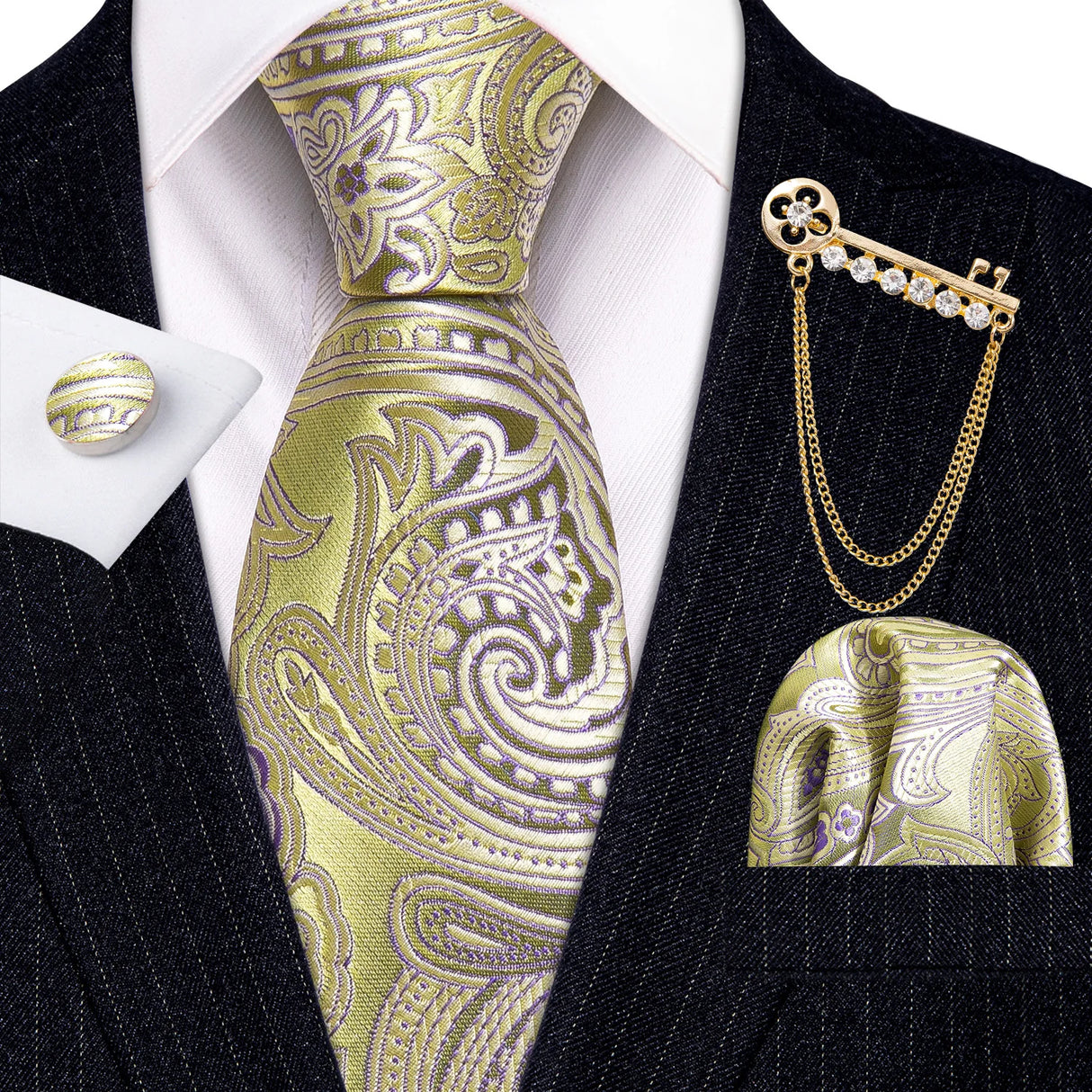 Gold Brooches Silk Handkerchief Striped Men Tie Set