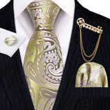 Gold Brooches Silk Handkerchief Striped Men Tie Set