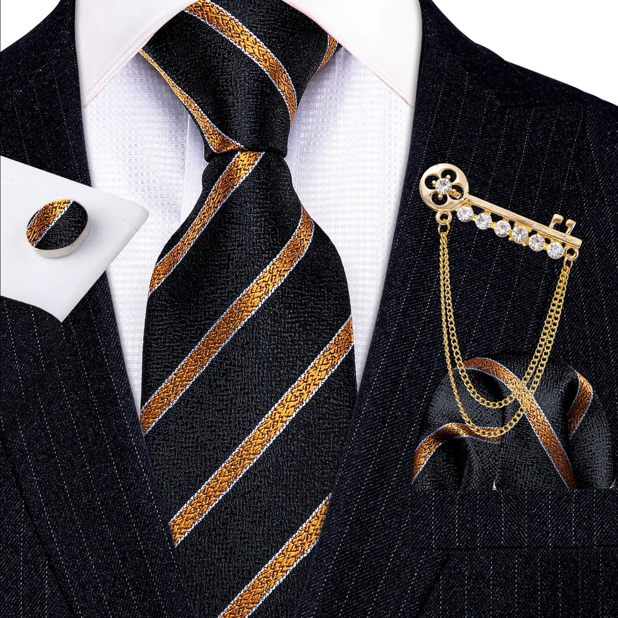 Gold Brooches Silk Handkerchief Striped Men Tie Set