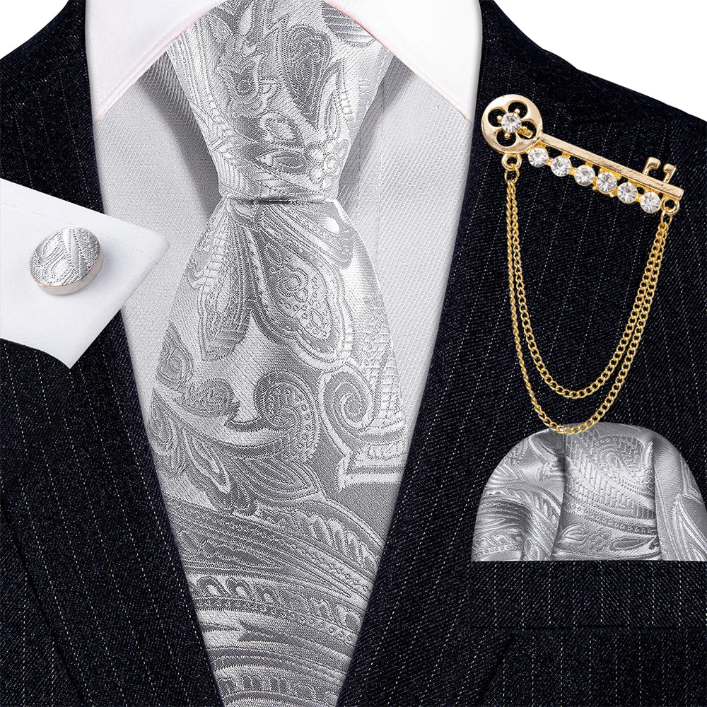 Gold Brooches Silk Handkerchief Striped Men Tie Set