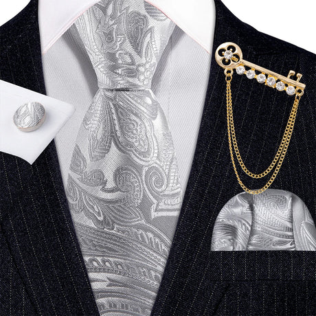 Gold Brooches Silk Handkerchief Striped Men Tie Set