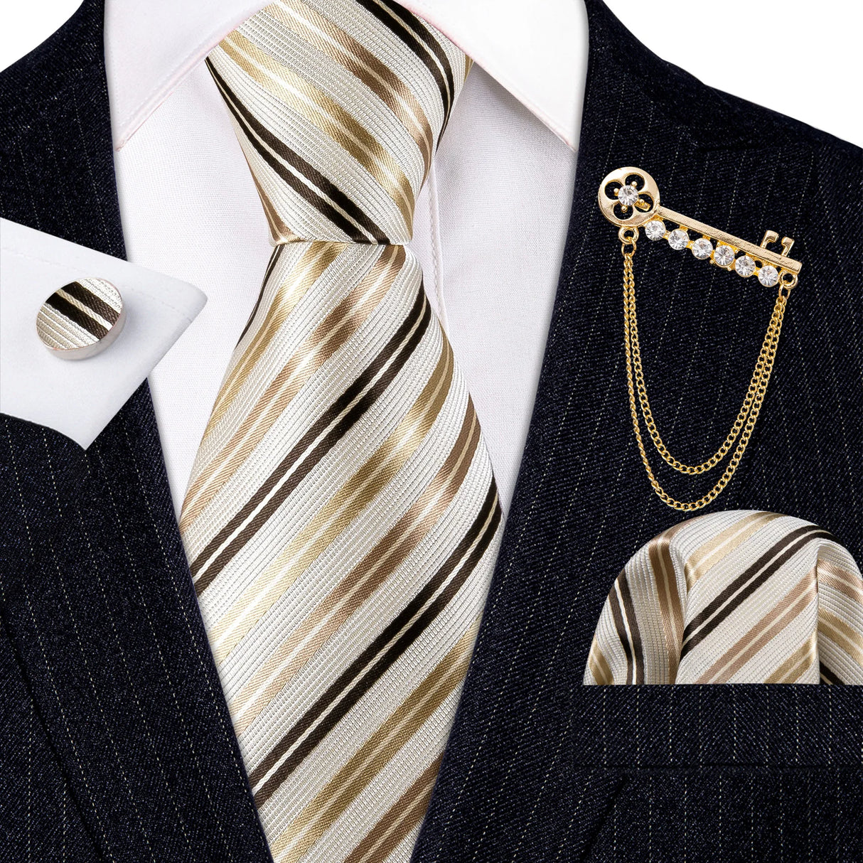 Gold Brooches Silk Handkerchief Striped Men Tie Set