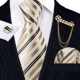 Gold Brooches Silk Handkerchief Striped Men Tie Set