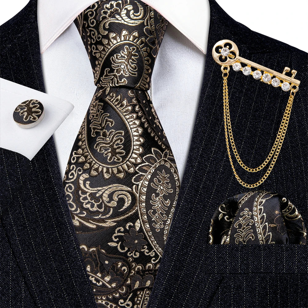 Gold Brooches Silk Handkerchief Striped Men Tie Set