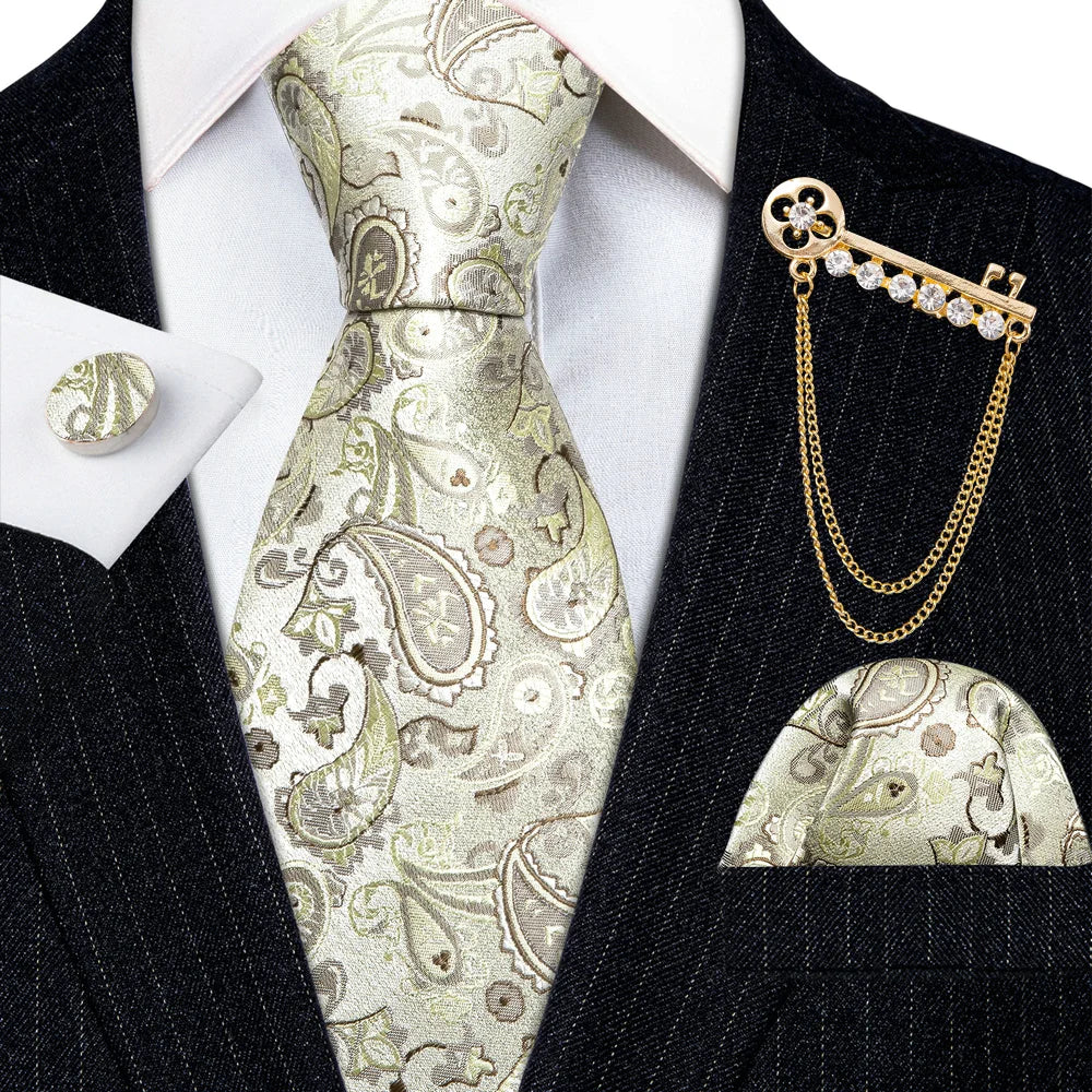 Gold Brooches Silk Handkerchief Striped Men Tie Set